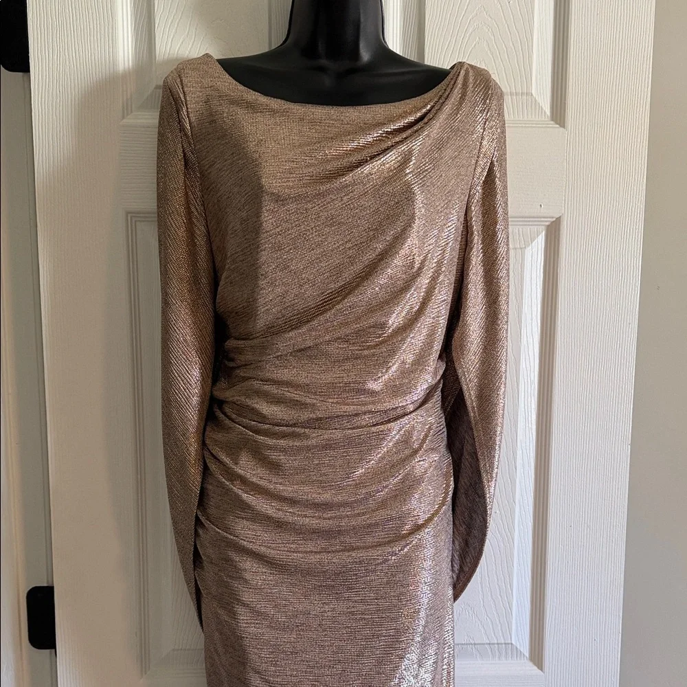 R&M Richards Metallic Taupe Long Sleeve Ruched Cocktail Dress